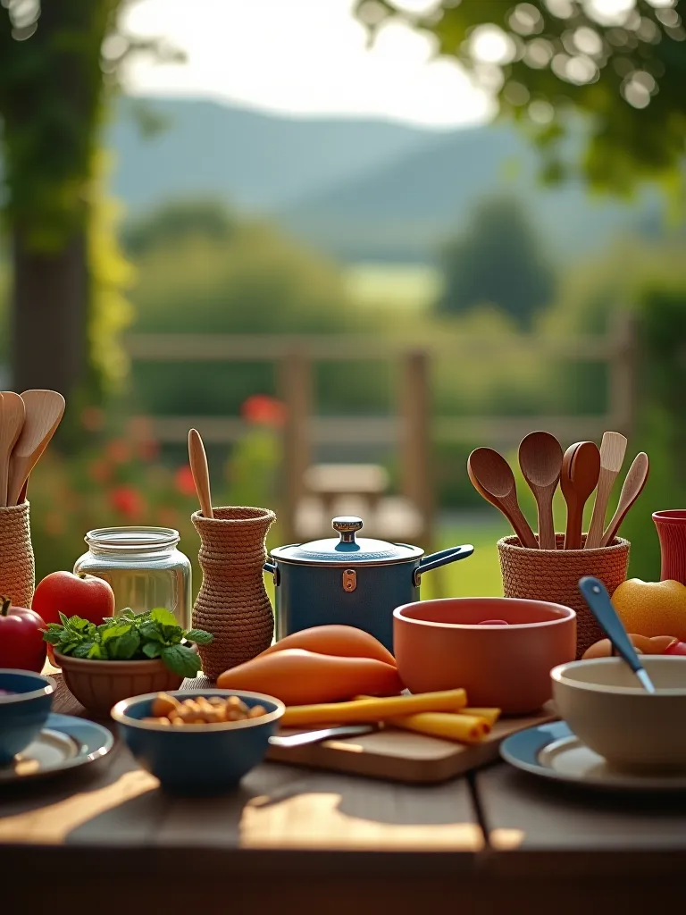 Artful arrangement of outdoor kitchen accessories and utensils