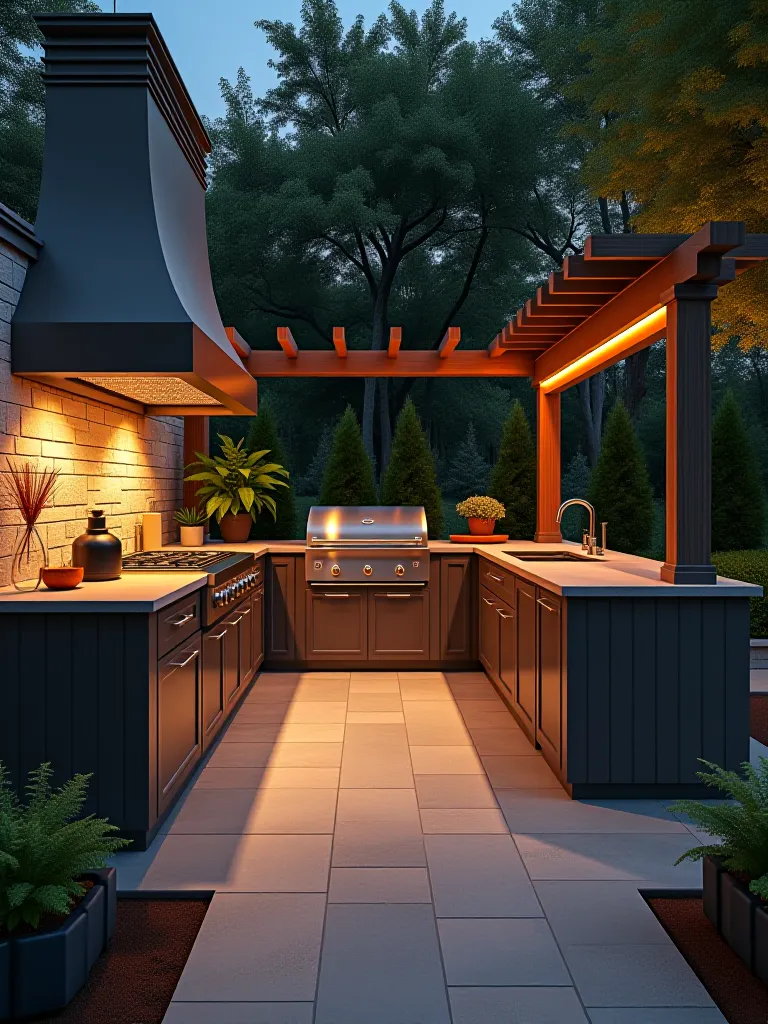 Artistic outdoor kitchen design with pergola and landscaping