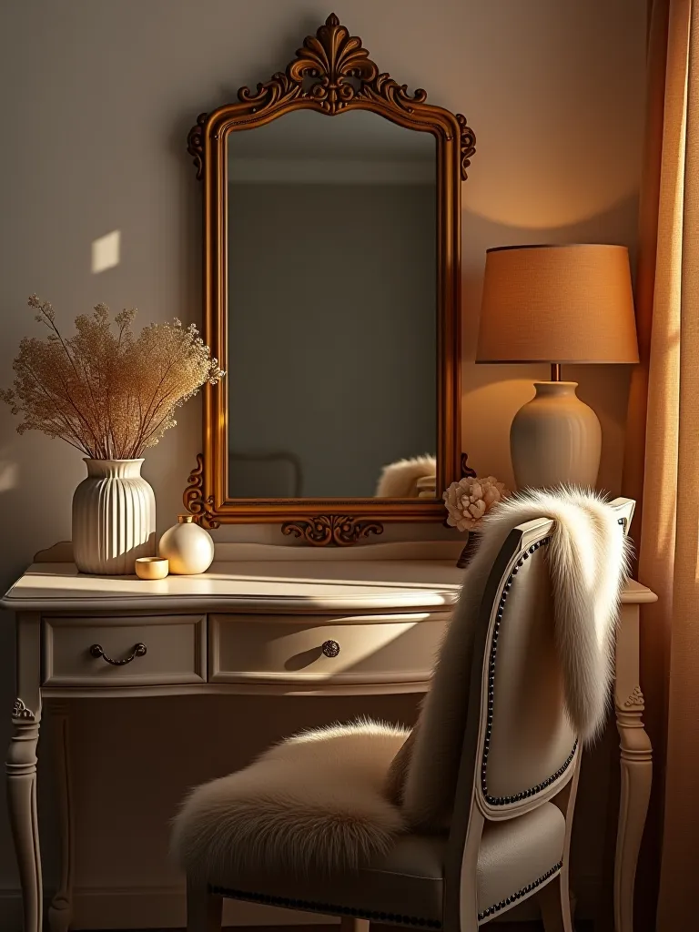 Autumn inspired bedroom vanity area with dried flowers and faux fur