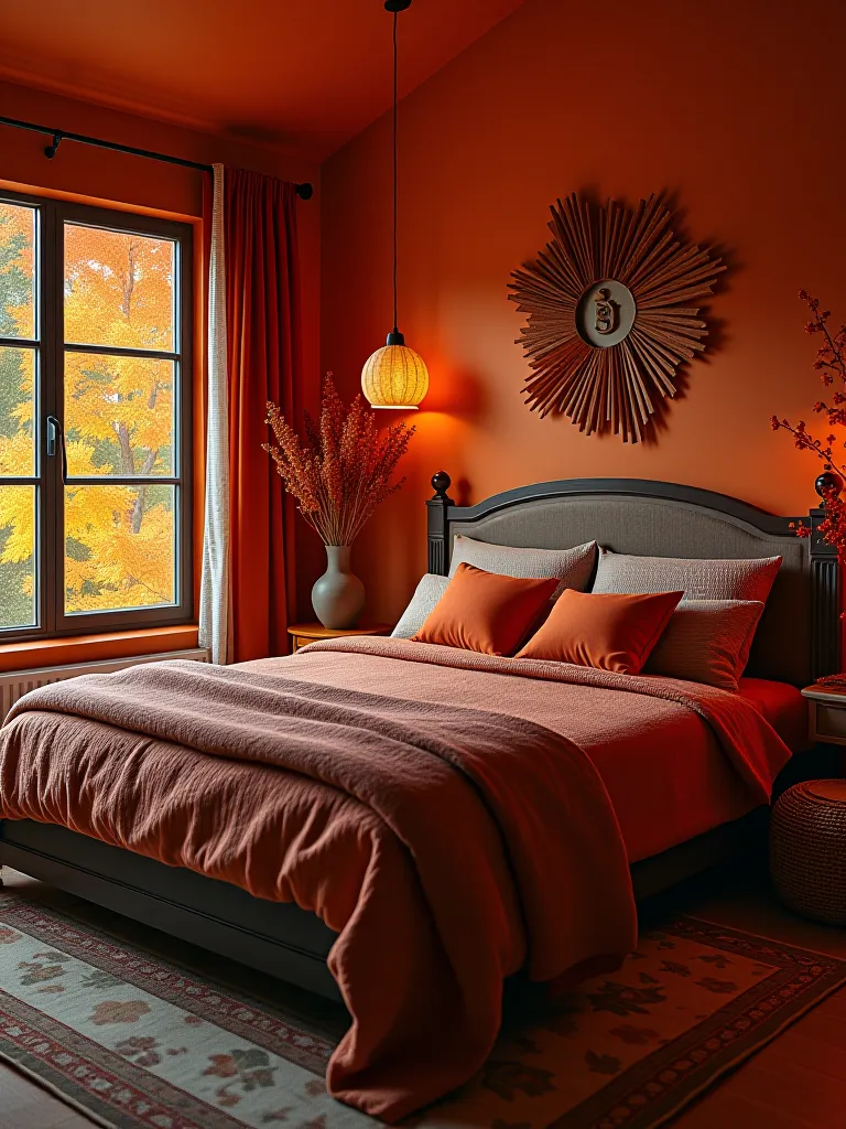 Autumnal bedroom decor with warm colors and fall themed accessories
