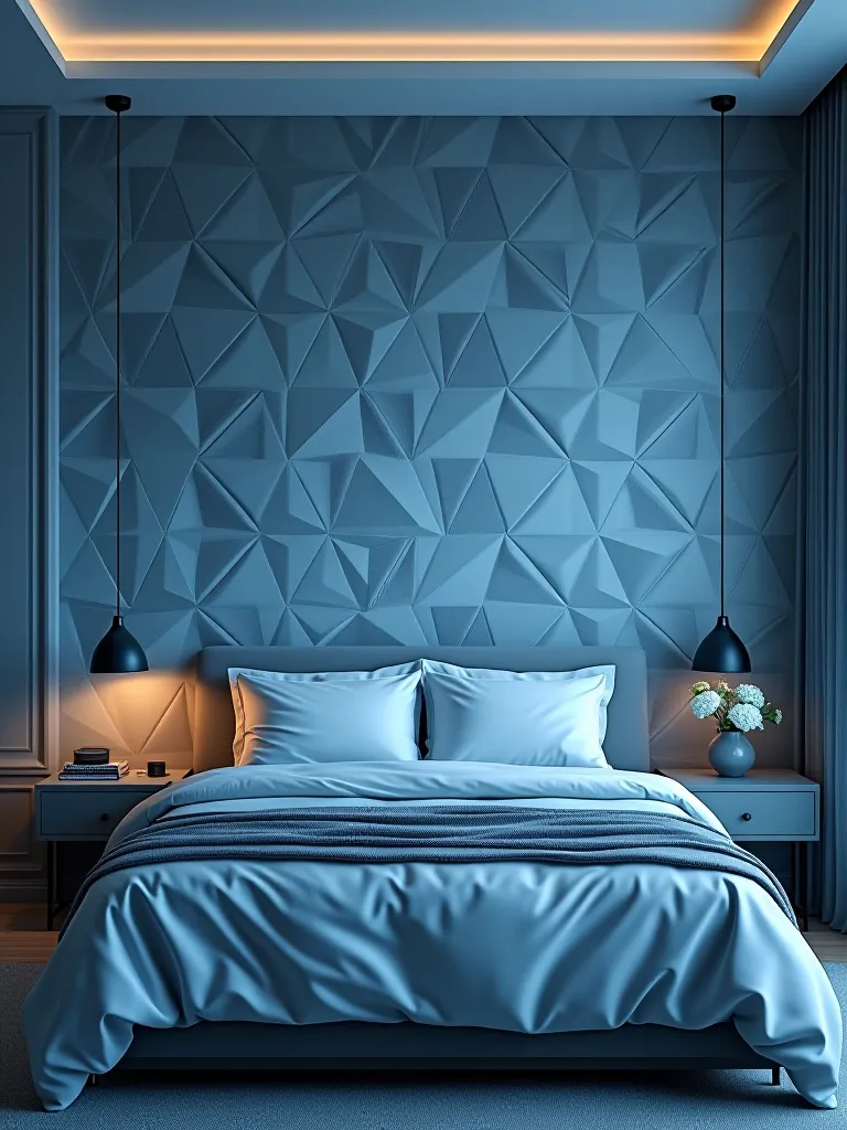 Bedroom with blue geometric 3D wallpaper creating optical illusion