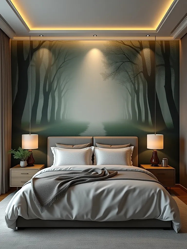 Bedroom with nature inspired mural wallpaper as artwork