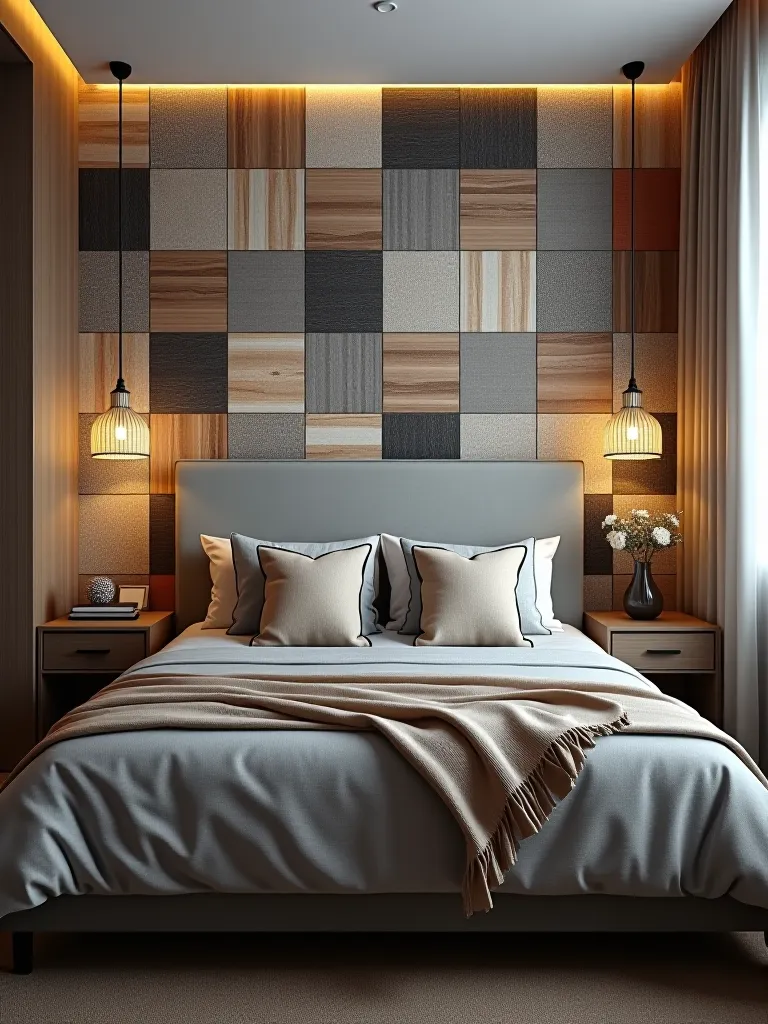 Bedroom with patchwork effect removable wallpaper tiles