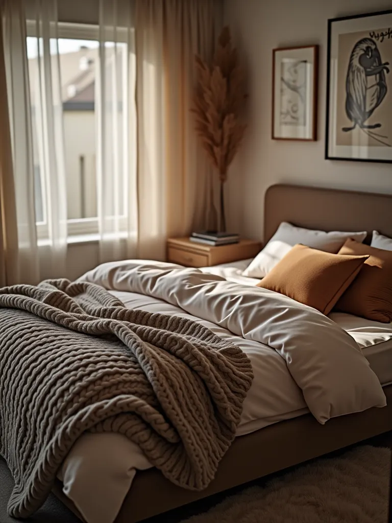Bedroom with various tactile textures and cozy elements