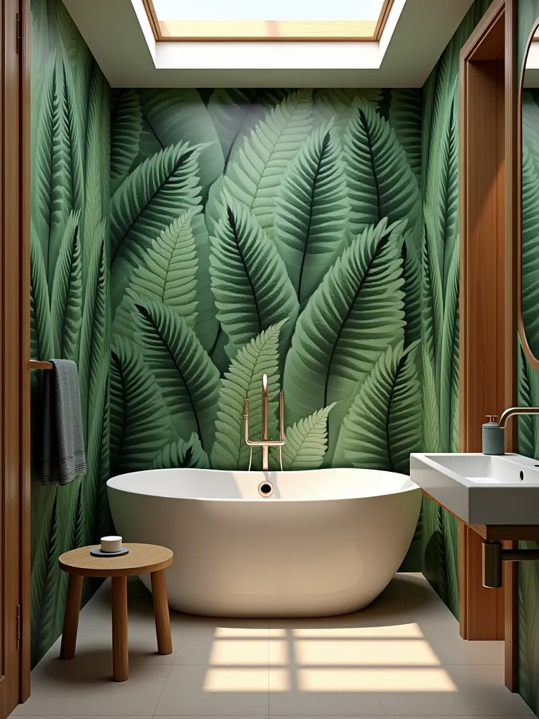 Botanical removable wallpaper in woodland themed bathroom
