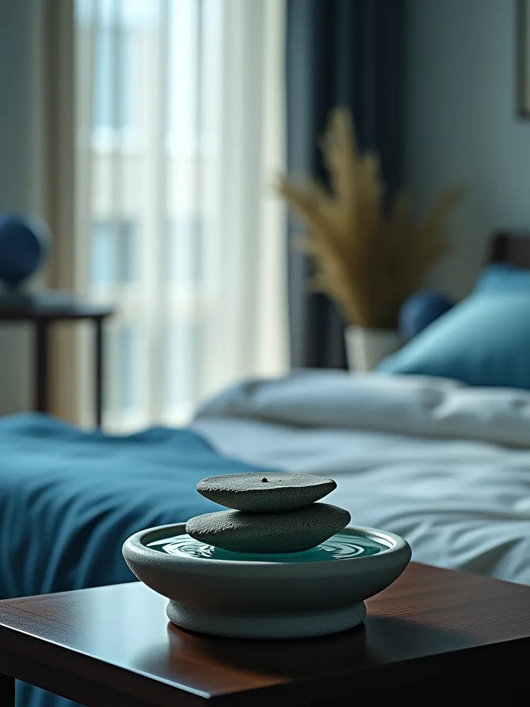 Calming bedroom with tabletop fountain and natural textures