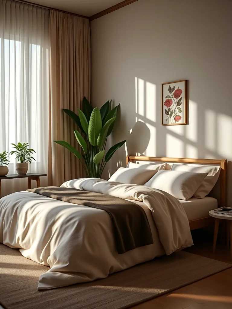 Calming bedroom with wooden elements and linen bedding