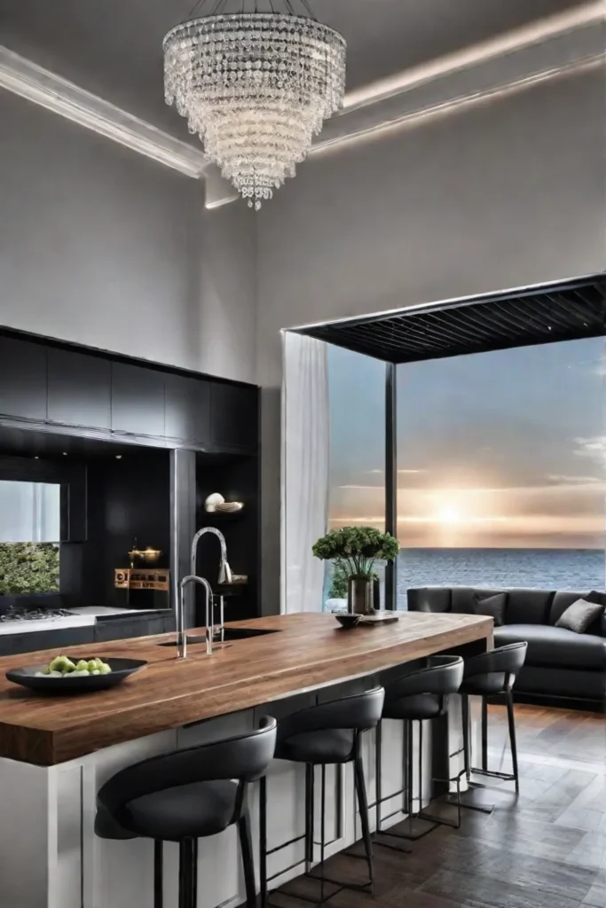 Chandelier kitchen island highend decor elegant and spacious