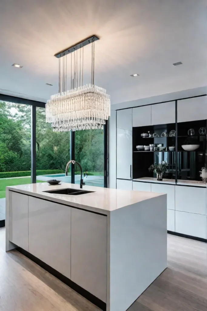 Chandelier kitchen island minimalist decor sophisticated lighting