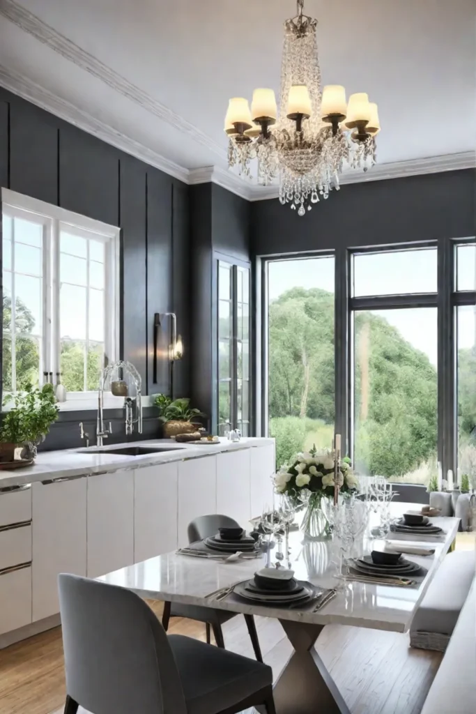 Chandelier kitchen window light reflection sophisticated interior
