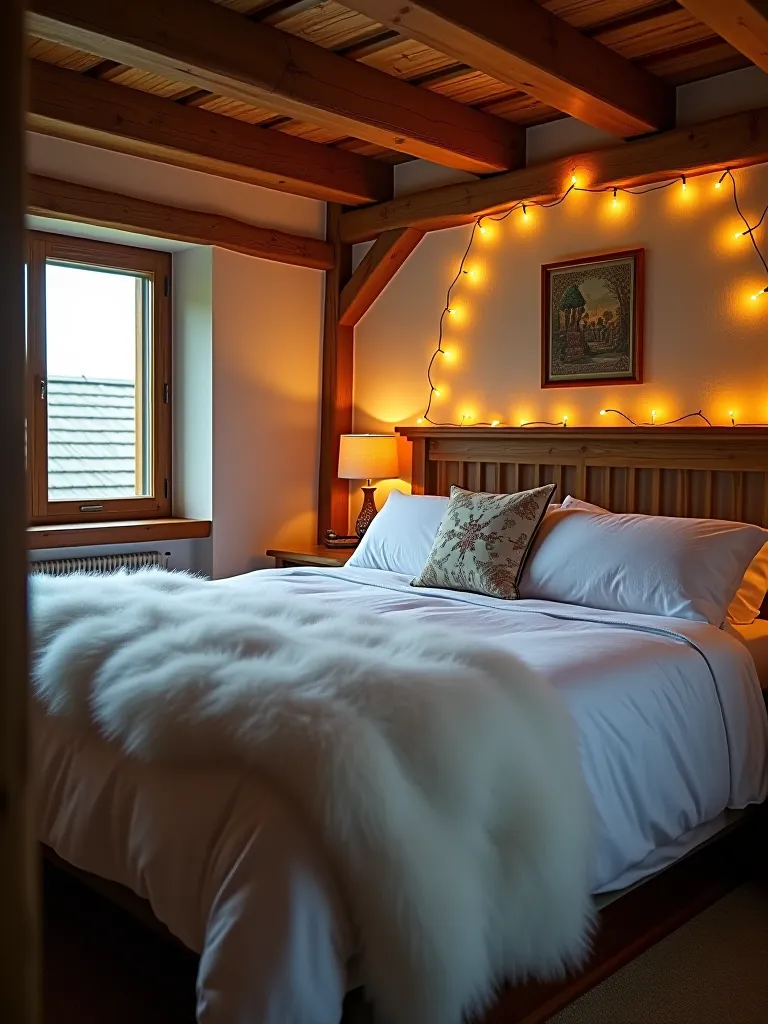 Charming rustic bedroom with cozy white bedding