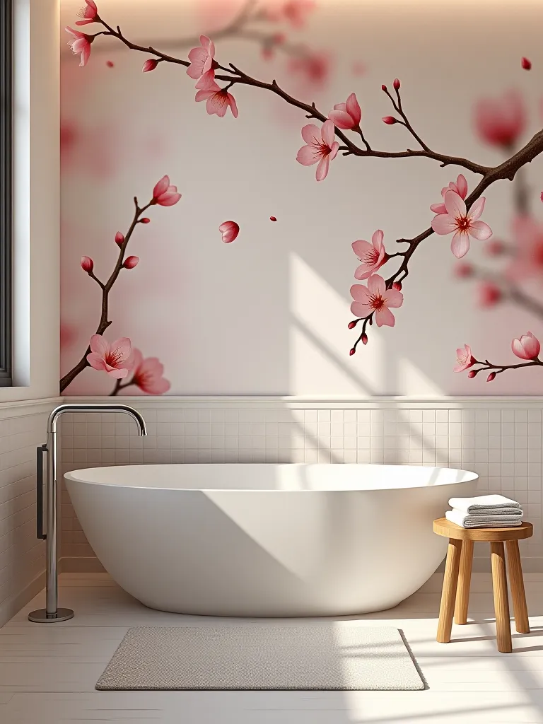 Cherry blossom removable wallpaper in serene bathroom