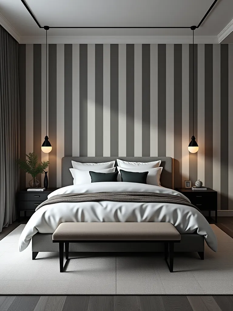 Chic bedroom with gray striped wallpaper and modern furniture