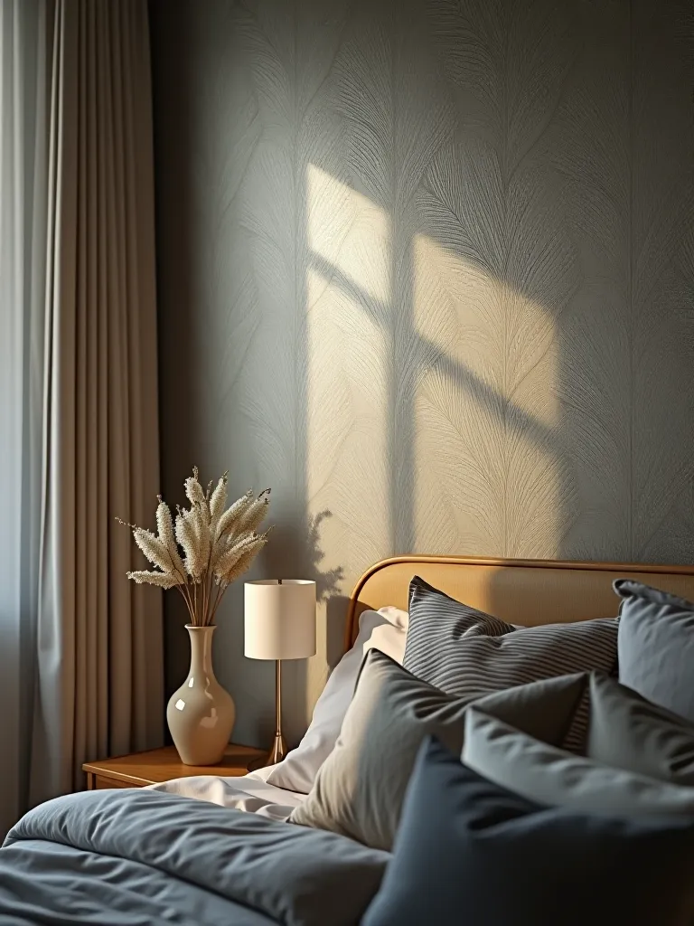 Close up of metallic leaf pattern wallpaper in modern bedroom