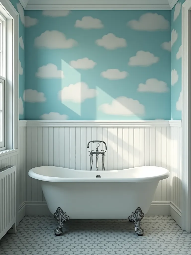 Cloud patterned removable wallpaper in vintage inspired bathroom