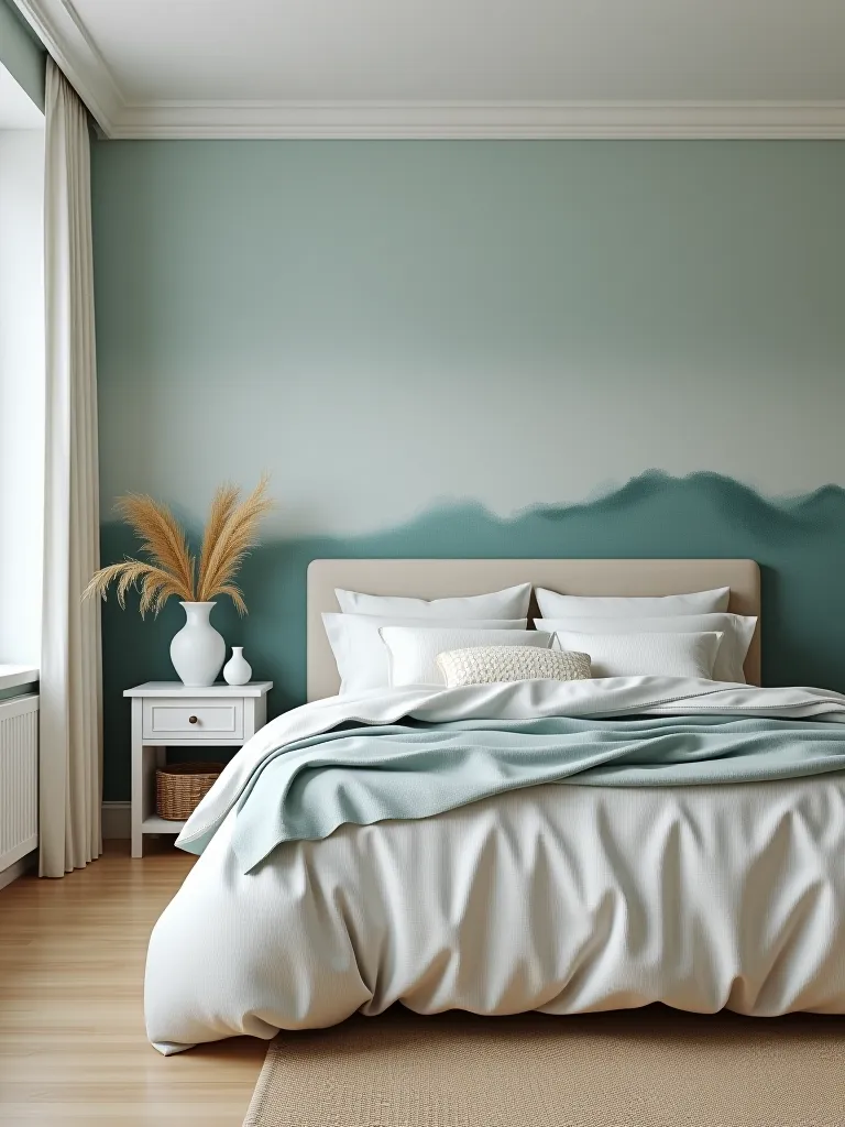 Coastal bedroom with watercolor wave wallpaper