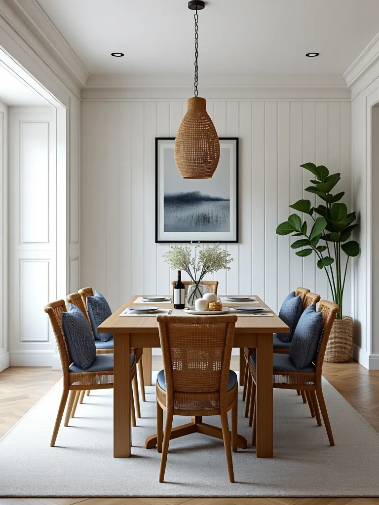 Coastal dining room with white shiplap walls and blue accents