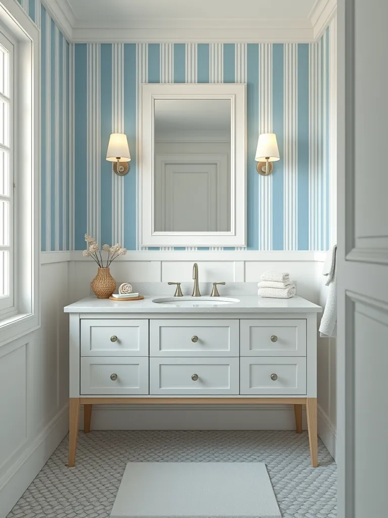 Coastal inspired striped removable wallpaper in beach bathroom