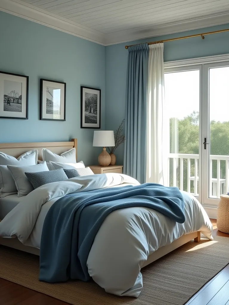 Coastal themed bedroom with blue and white decor