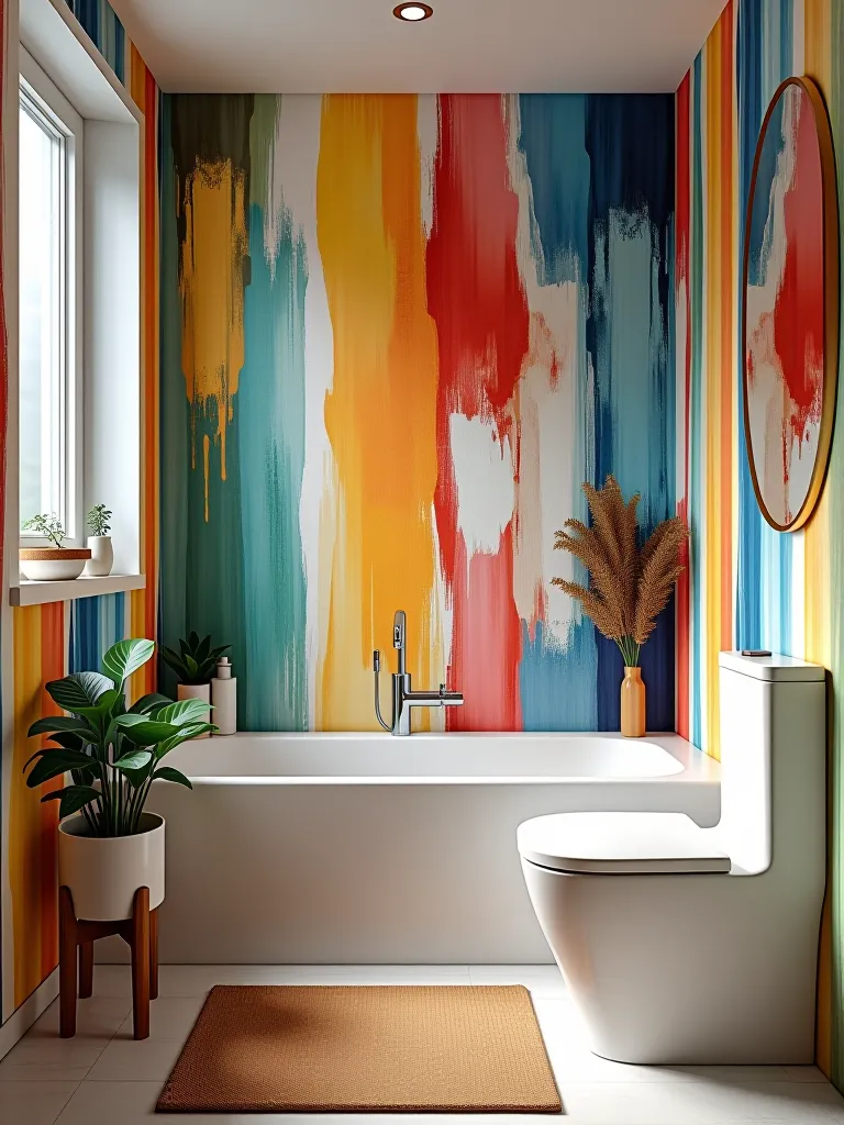 Colorful abstract removable wallpaper in modern bathroom