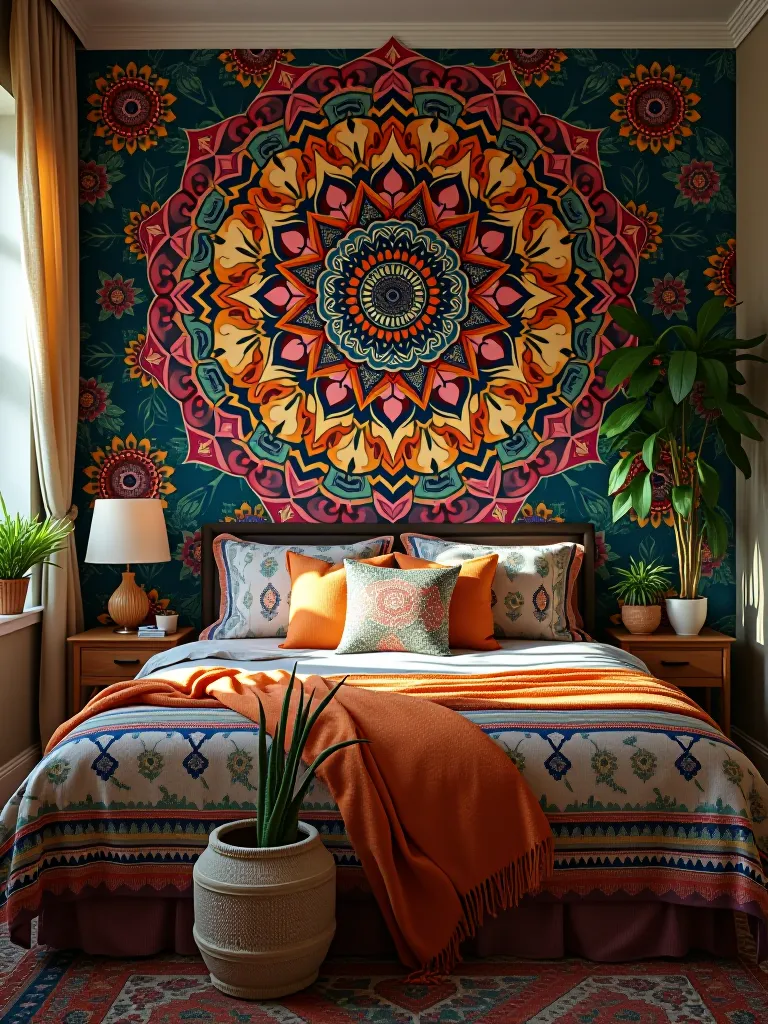 Colorful boho bedroom with mandala wallpaper