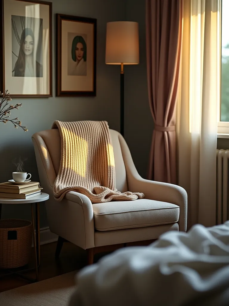 Comfortable bedroom nook with chair and soft textures