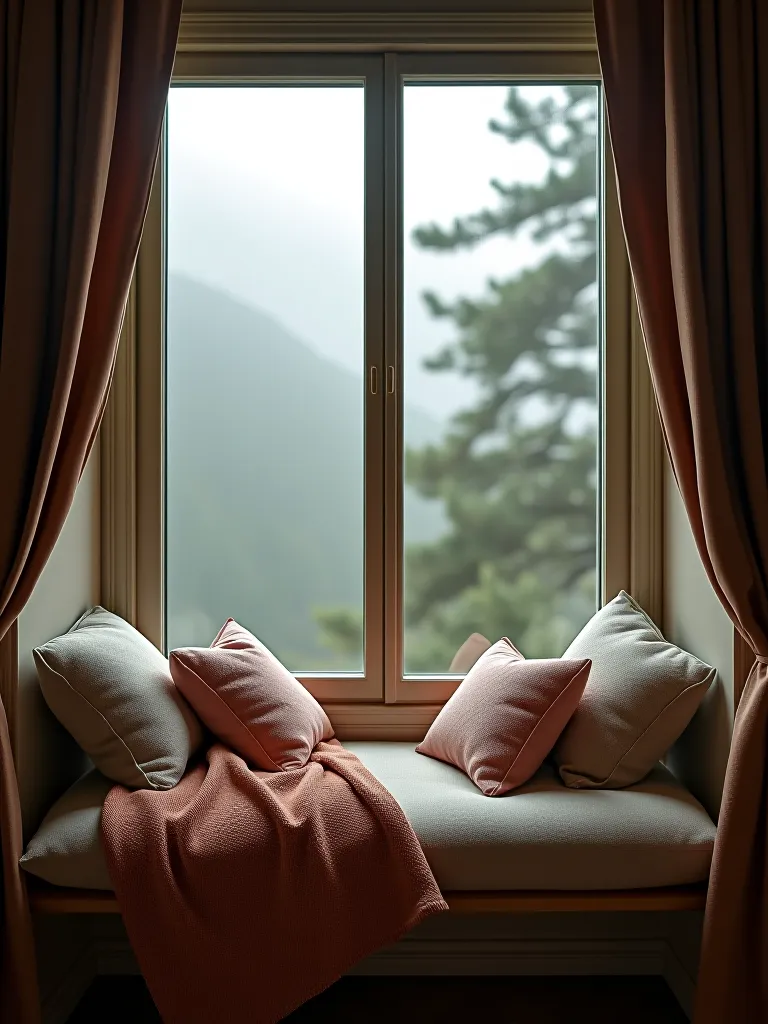 Comfortable window nook with plush textiles