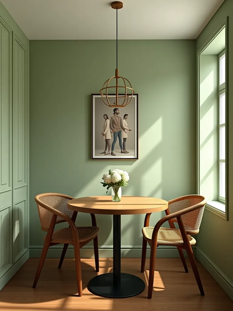 Compact dining area with light green walls and round table