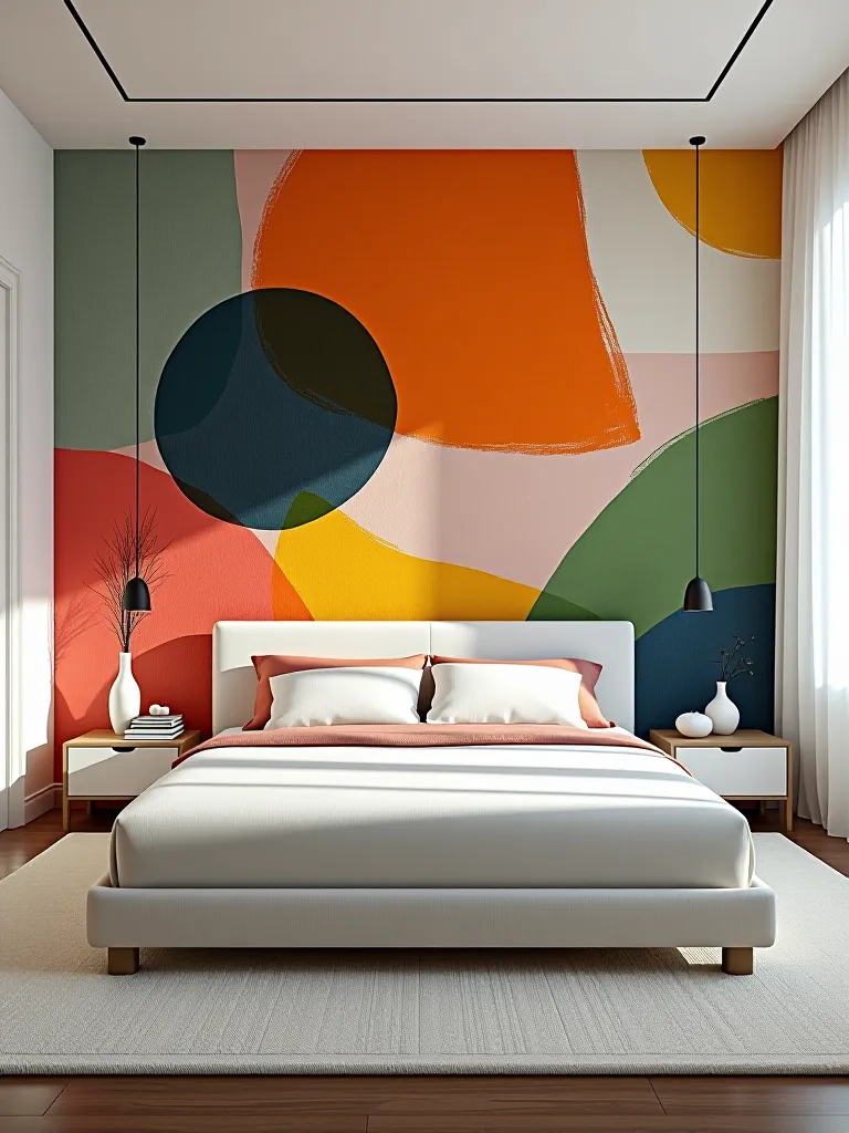Contemporary bedroom with abstract expressionist wallpaper