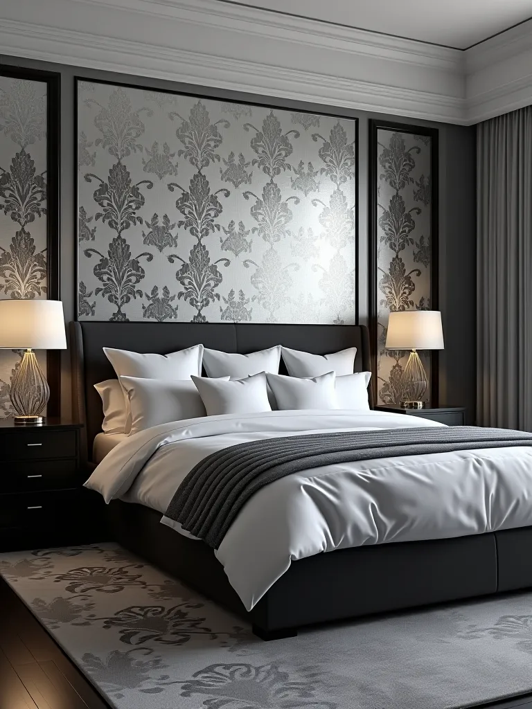 Contemporary bedroom with silver metallic damask wallpaper