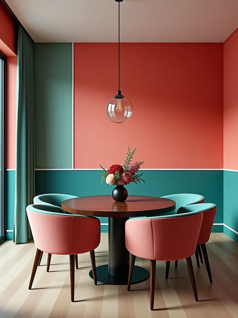 Contemporary dining room with color blocked teal and coral walls