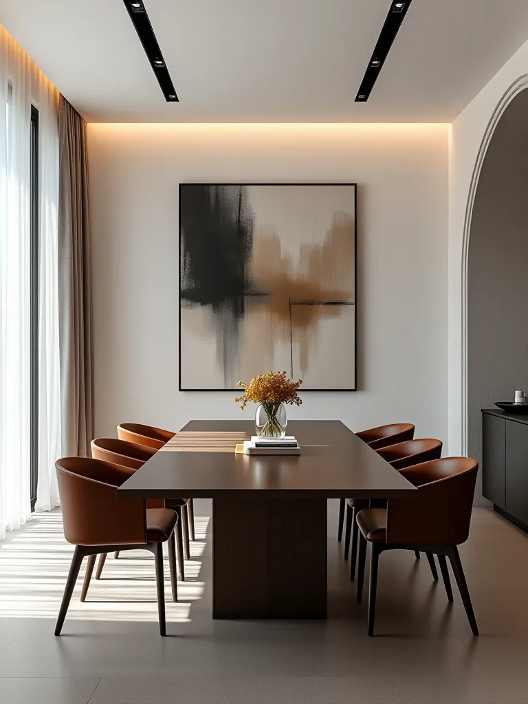 Contemporary white dining room with abstract art