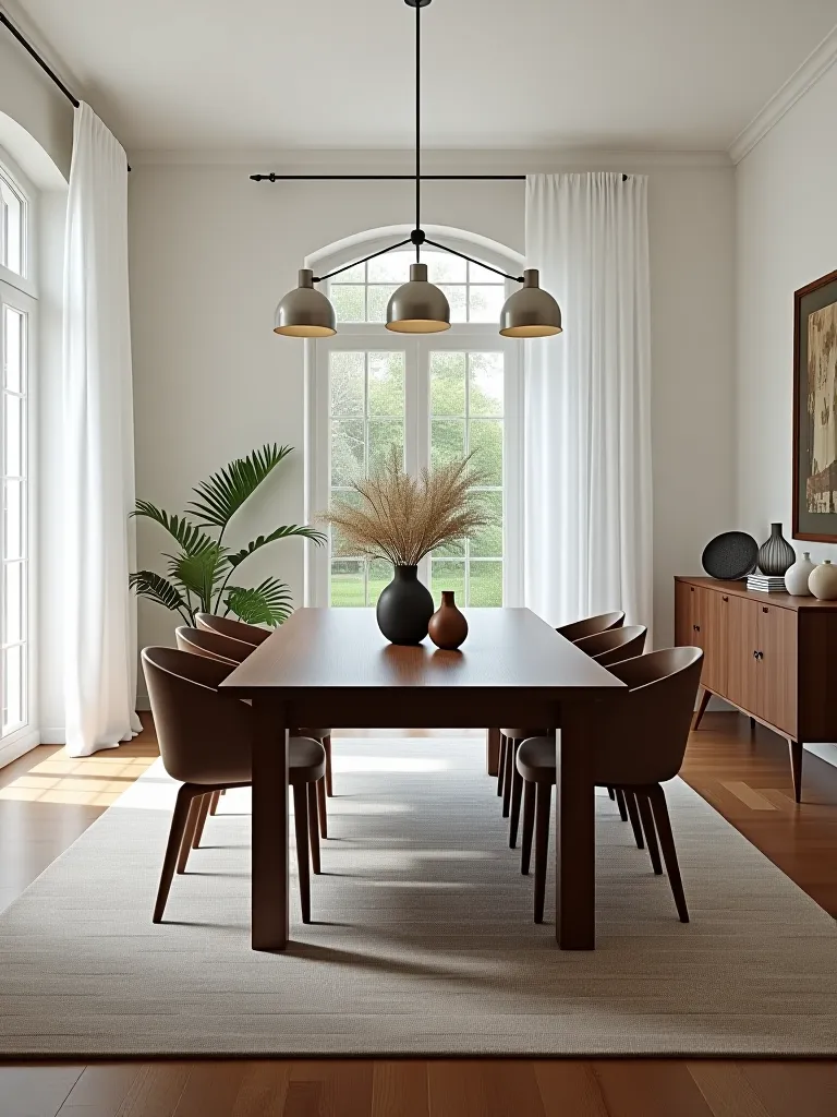 Contrasting white walls and dark wood dining set