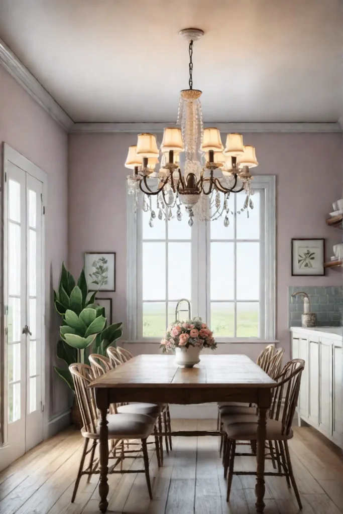 Cottage kitchen whimsical chandelier pastel colors floral accents