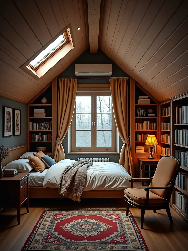 Cozy attic bedroom with skylight and window seat