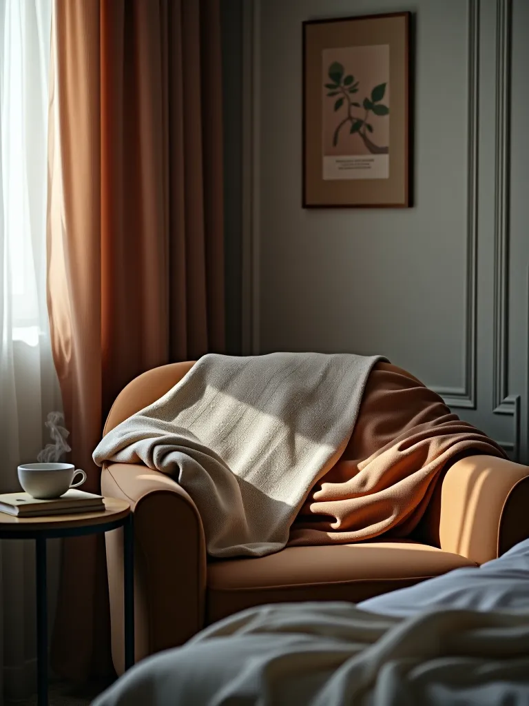 Cozy bedroom reading corner with armchair and blanket