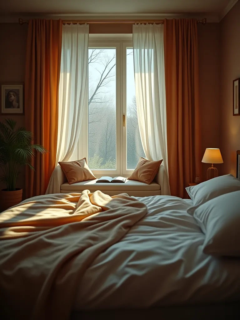 Cozy bedroom with soft lighting and plush bedding