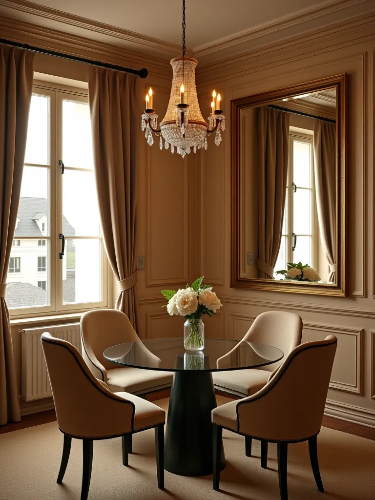 Cozy dining area with beige walls and glass table