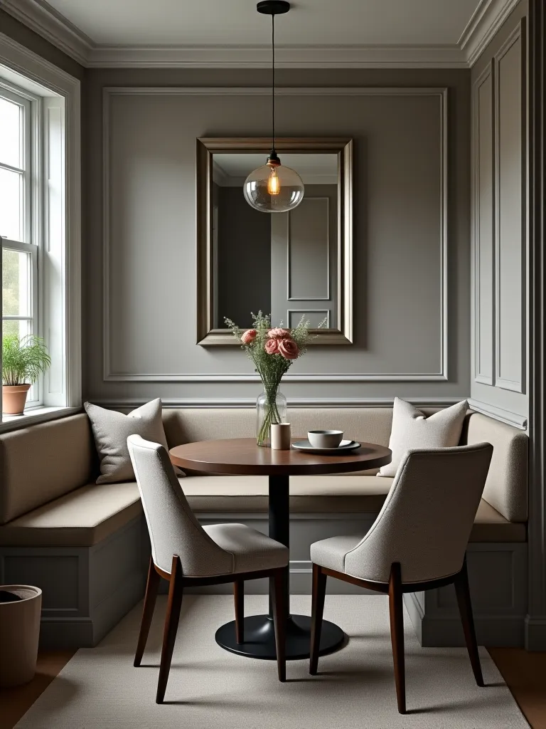 Cozy dining nook with mirror and gray walls