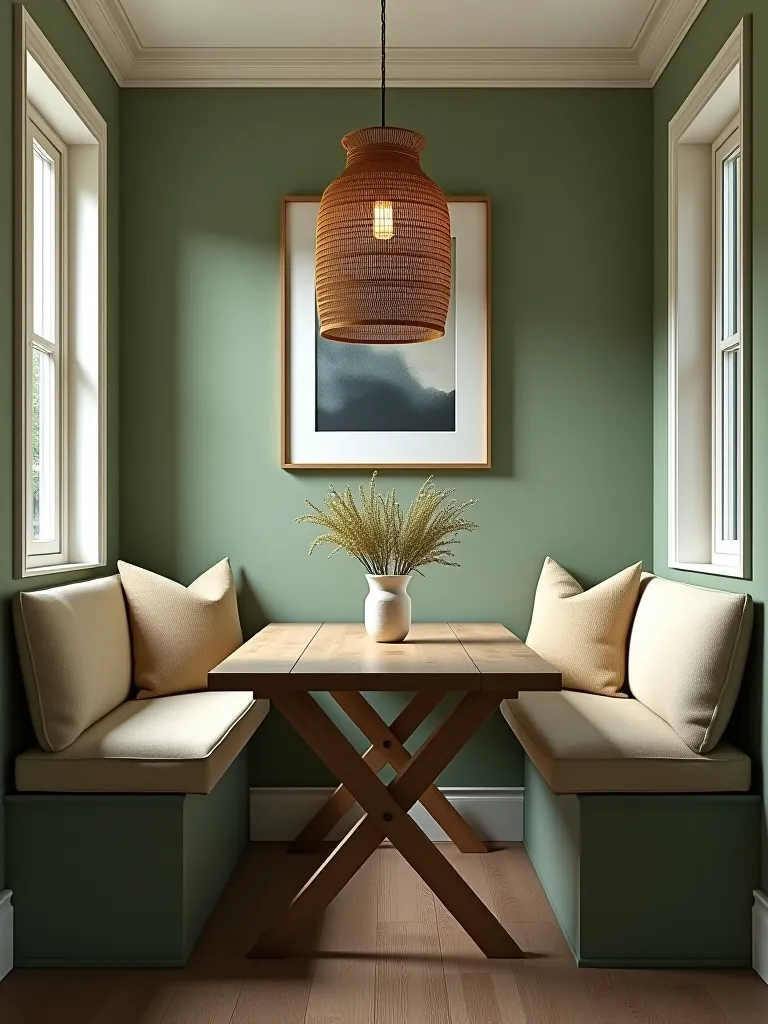 Cozy sage green dining nook with wooden table