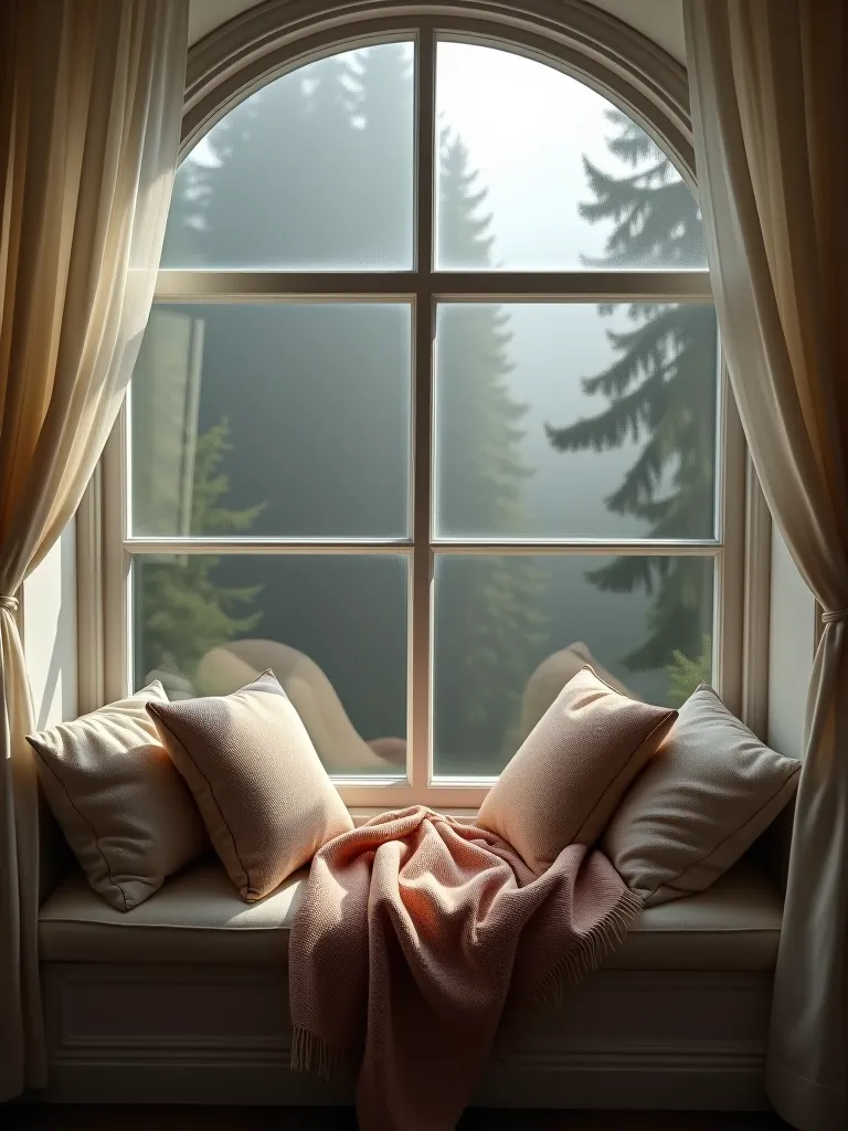 Cozy window seat with cushions and blanket