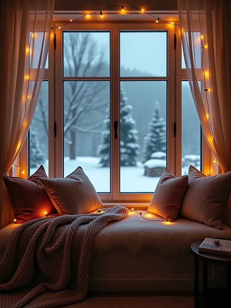 Cozy winter bedroom window seat with cushions and fairy lights