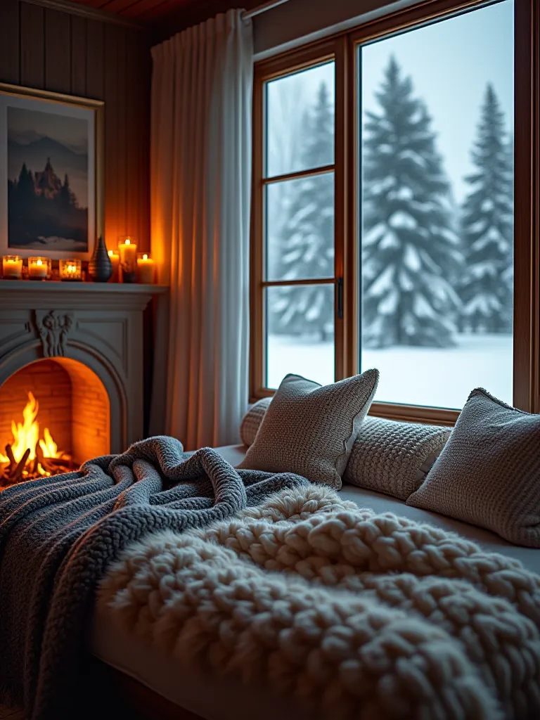 Cozy winter bedroom with snowy view and warm textiles