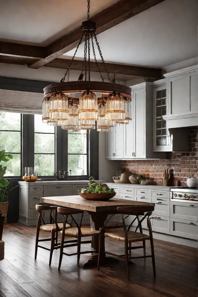 Cozy kitchen vintage chandelier frosted glass warm ambiance