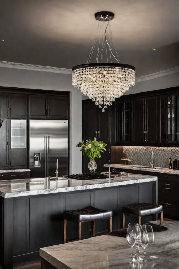 Dark wood cabinets chandelier lighting sophisticated interior design