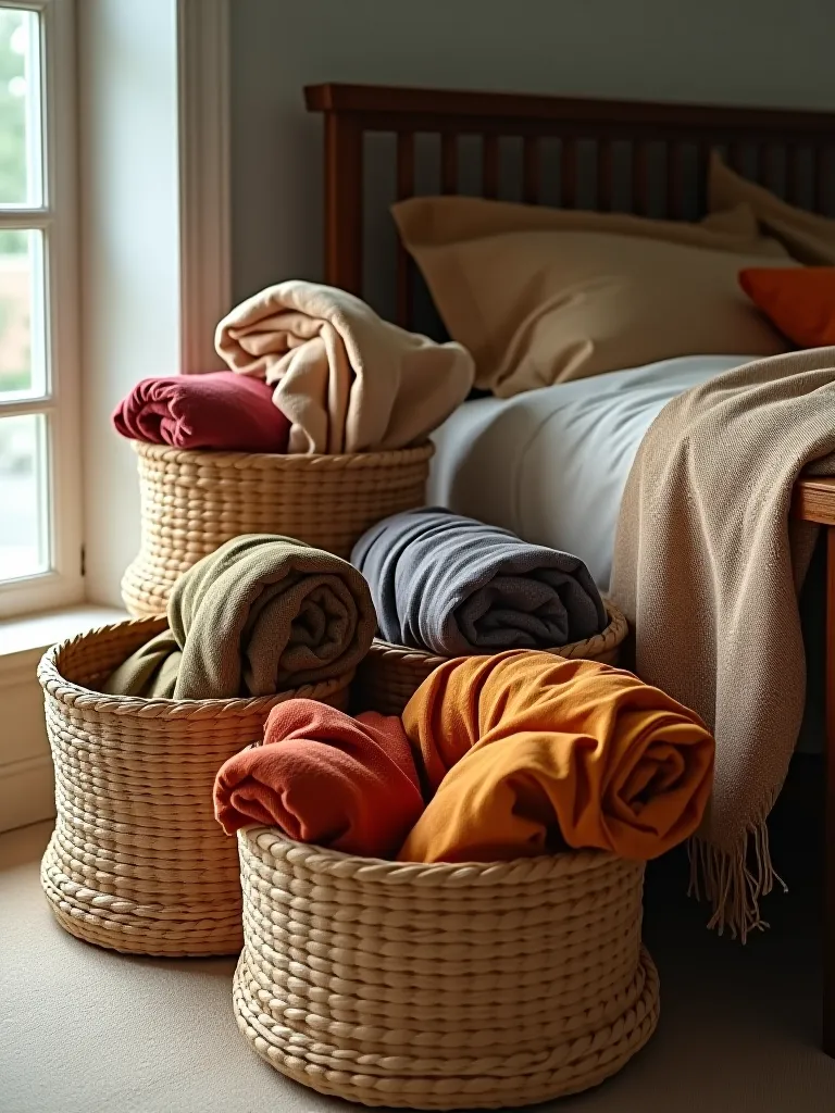 Decorative baskets storing various textured blankets