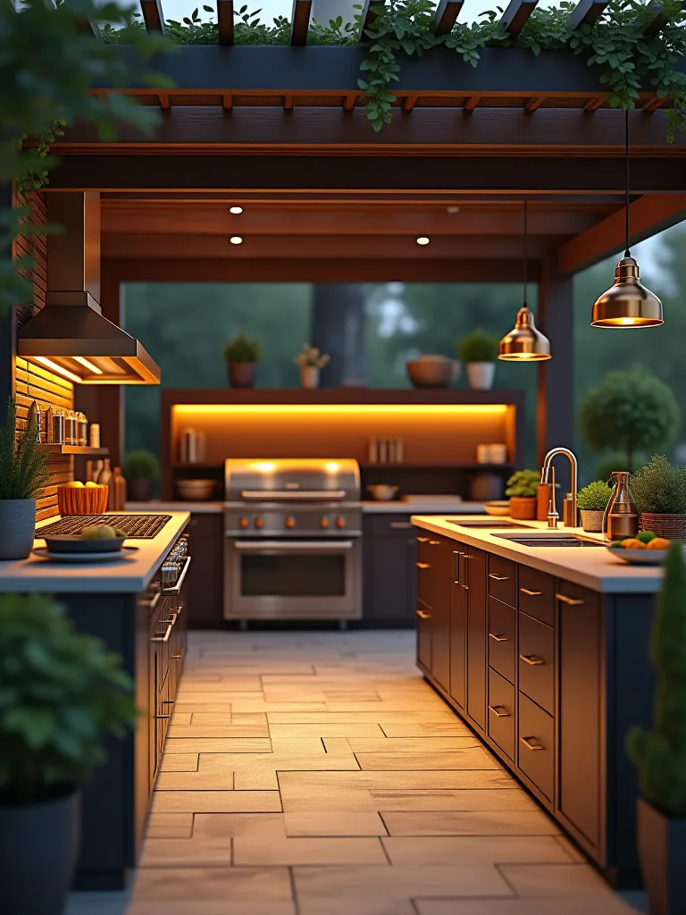 Detailed outdoor kitchen design with cooking, prep, and dining areas