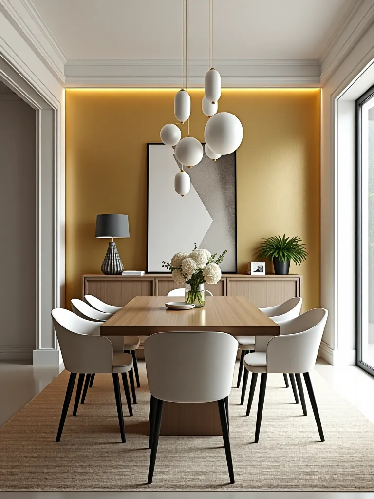 Dining area featuring gold metallic paint in geometric pattern