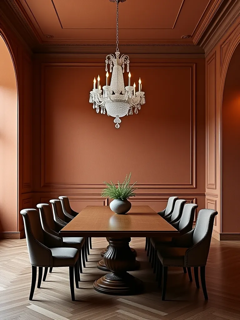 Dining room with textured Venetian plaster walls and crystal chandelier