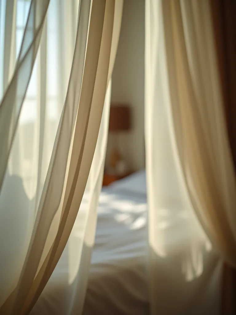 Dreamy bedroom scene with billowing curtains